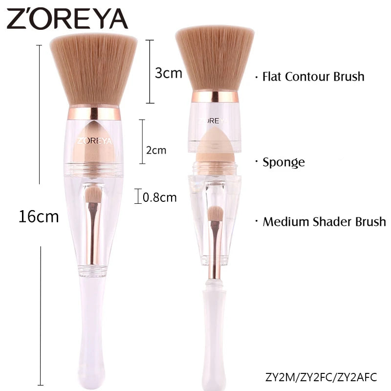 Zoreya Pincel de maquiagem portátil 3 em 1, Esponja angular, Sobrancelha, Sombra, Pó, Pincéis Cosméticos