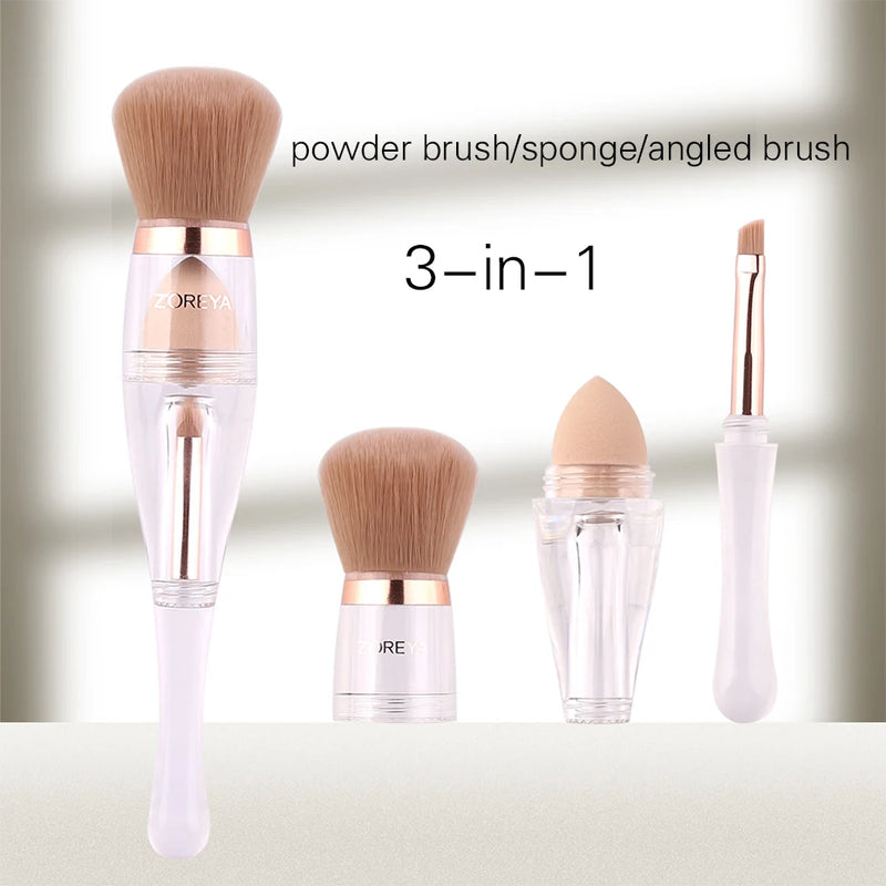 Zoreya Pincel de maquiagem portátil 3 em 1, Esponja angular, Sobrancelha, Sombra, Pó, Pincéis Cosméticos