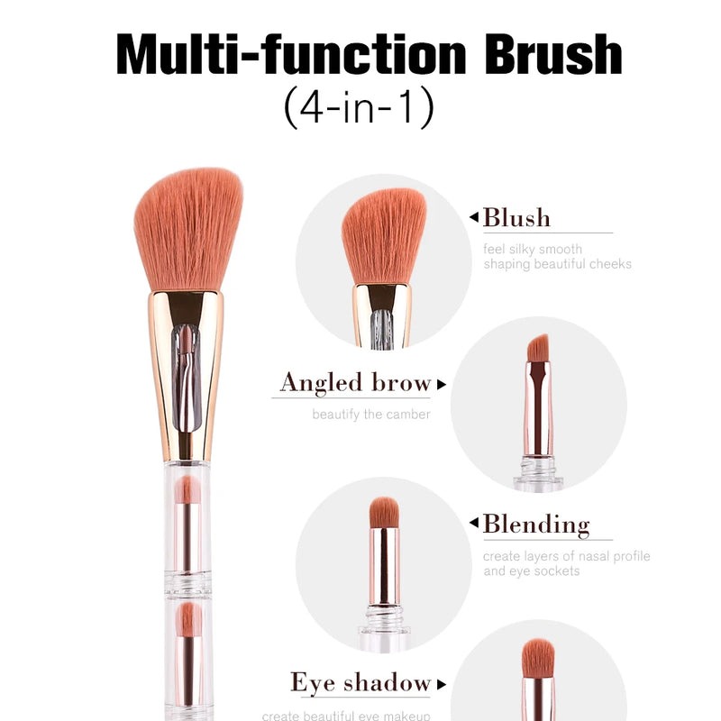 Zoreya Pincel de maquiagem portátil 3 em 1, Esponja angular, Sobrancelha, Sombra, Pó, Pincéis Cosméticos