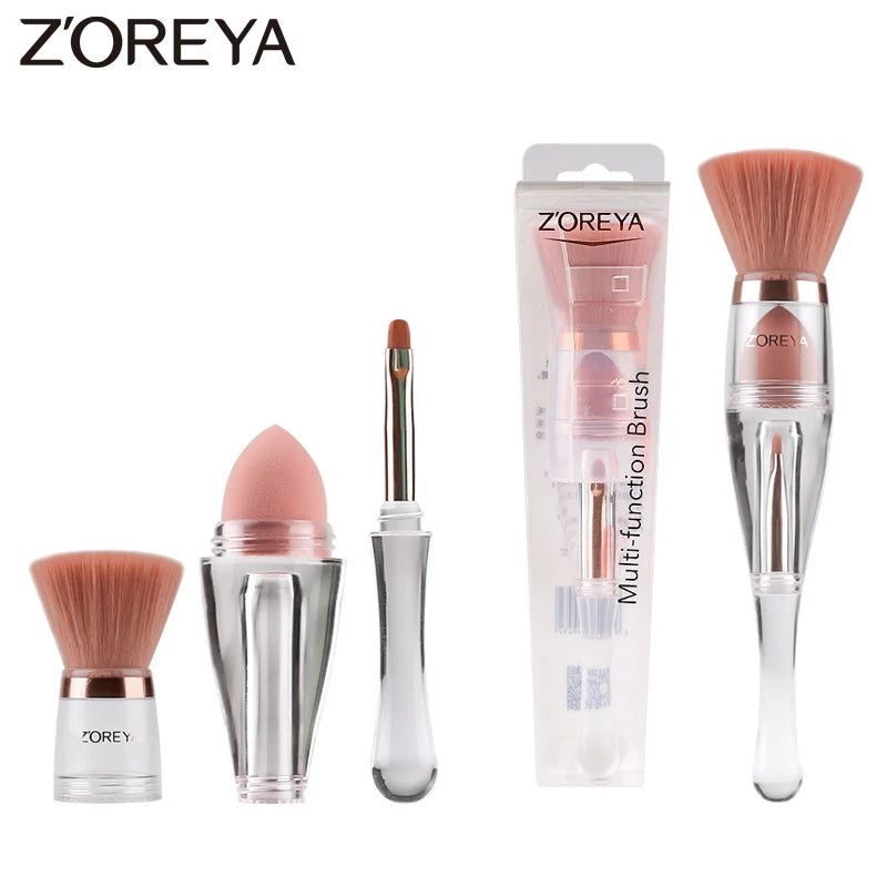 Zoreya Pincel de maquiagem portátil 3 em 1, Esponja angular, Sobrancelha, Sombra, Pó, Pincéis Cosméticos